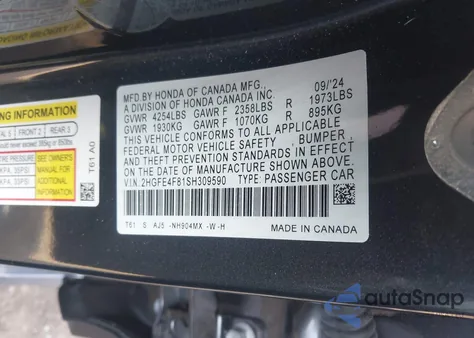 2025 Honda Civic Hybrid Sport/Sport Touring z USA, uszkodzony, nr VIN 2HGFE4F81SH309590